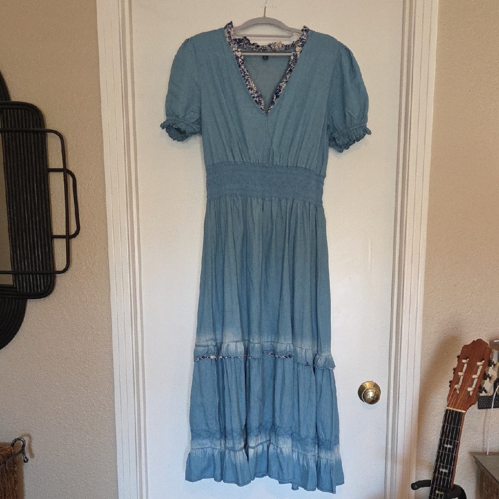 Lapis Light Blue Midi Dress with Floral Trim